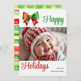 Large red, green bow and stripes Christmas photo シーズンカード
