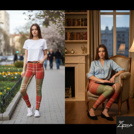 Large Red Sage Brown Vertical Tartan レギンス