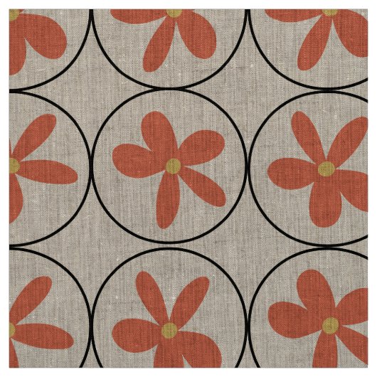 Large Retro Peach Floral - Natural Linen Fabric ファブリック (見本)