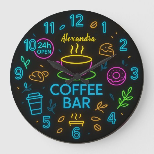 Large Round Personalized Coffee Bar Neon Sign ラージ壁時計 (正面)
