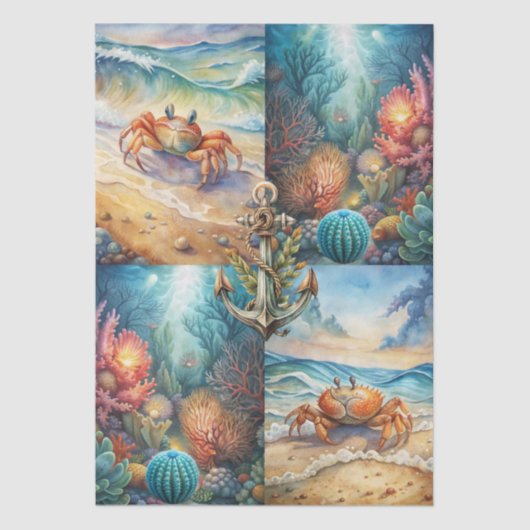 Large Scenic Sea Urchin Anchor & Crab Decoupage 薄葉紙 (正面)