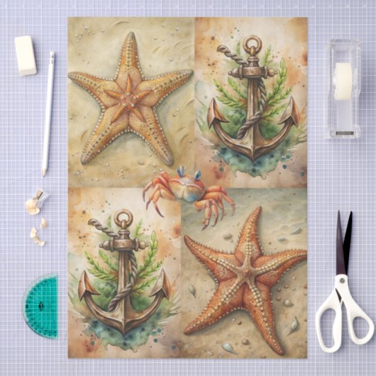 Large Scenic Starfish, Anchors & Crab Decoupage 薄葉紙 (クラフト)