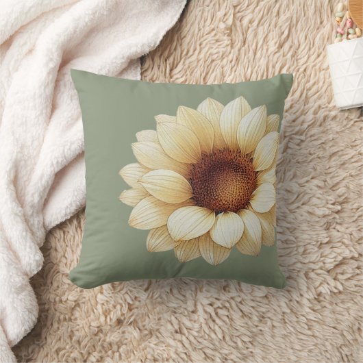 Large Sunflower Sage Green Throw Pillow クッション (ブランケット)