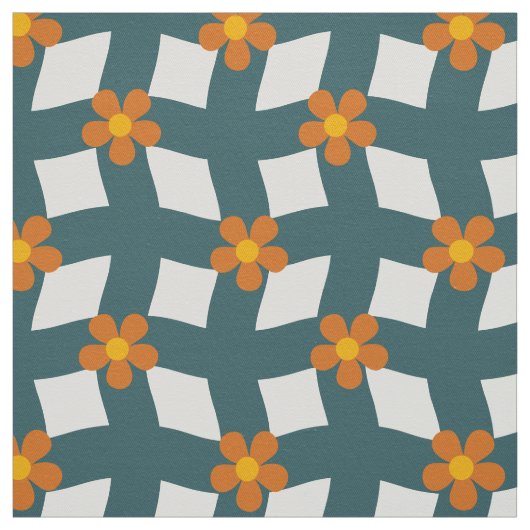 Large Teal Orange Floral Grid Cotton Twill ファブリック (見本)