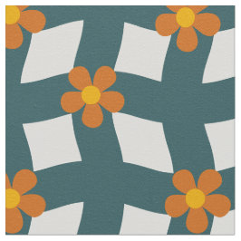 Large Teal Orange Floral Grid Cotton Twill ファブリック
