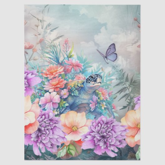 Large Tropical Sea Turtle & Watercolor Florals 薄葉紙 (正面)