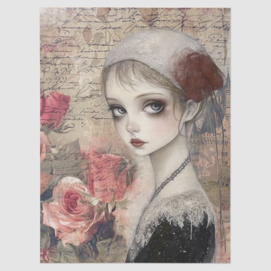 Large Victorian Gothic Girl & Florals Decoupage 薄葉紙 (正面)