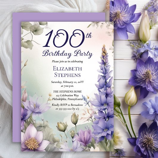 Larkspur | Water Lily Floral 100th Birthday Party 招待状