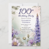 Larkspur | Water Lily Floral 100th Birthday Party 招待状 (正面)