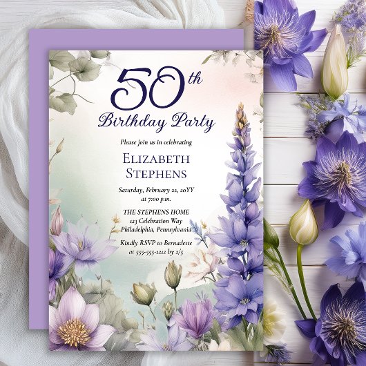 Larkspur | Water Lily Floral 50th Birthday Party 招待状