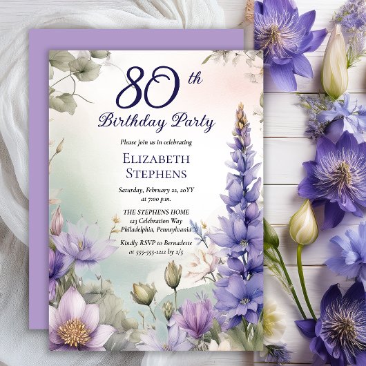 Larkspur | Water Lily Floral 80th Birthday Party 招待状
