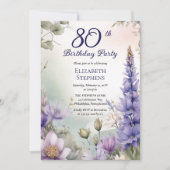 Larkspur | Water Lily Floral 80th Birthday Party 招待状 (正面)