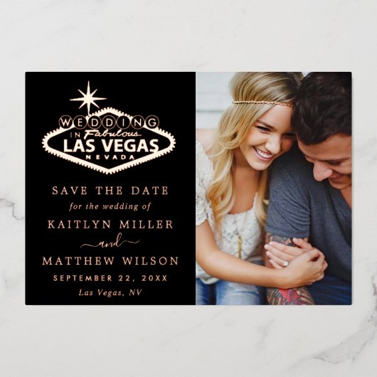 Las Vegasエレガントの結婚写真が日付を保存実在する 箔招待状 (正面)