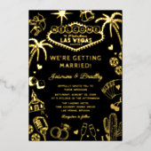 Las Vegas Fun Doodle Wedding Black & Gold 箔招待状 (正面)