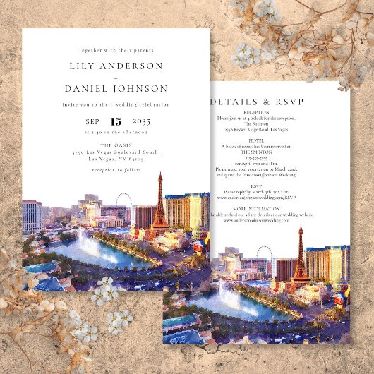 Las Vegas Skyline Watercolor All In One Wedding 招待状