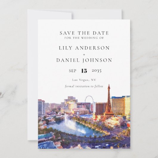Las Vegas Skyline Watercolor Destination Wedding セーブザデート (正面)