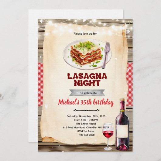 Lasagna and Wine night party invitation 招待状 (正面/裏面)