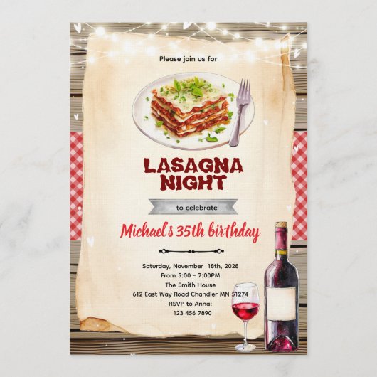 Lasagna and Wine night party invitation 招待状 (正面)