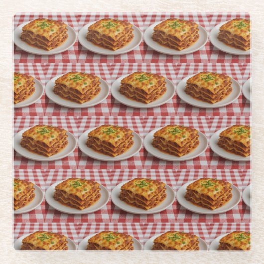 Lasagna Red White Tablecloth Glass Coaster ガラスコースター (正面)