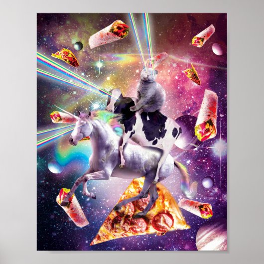 Laser Eyes Space Cat On Cow Unicorn - Rainbow ポスター (正面)