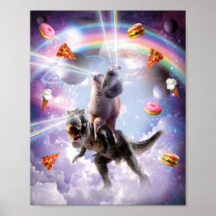 Laser Eyes Space Cat On Llama Dinosaur - Rainbow ポスター