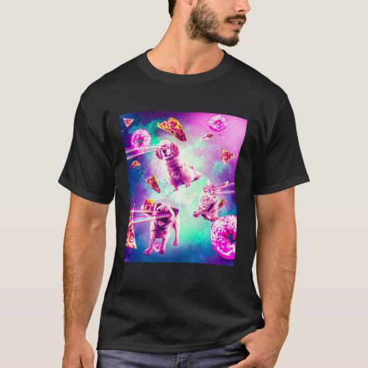 Laser Eyes Space Cat With Dog Pug  Rainbow Tシャツ (正面)