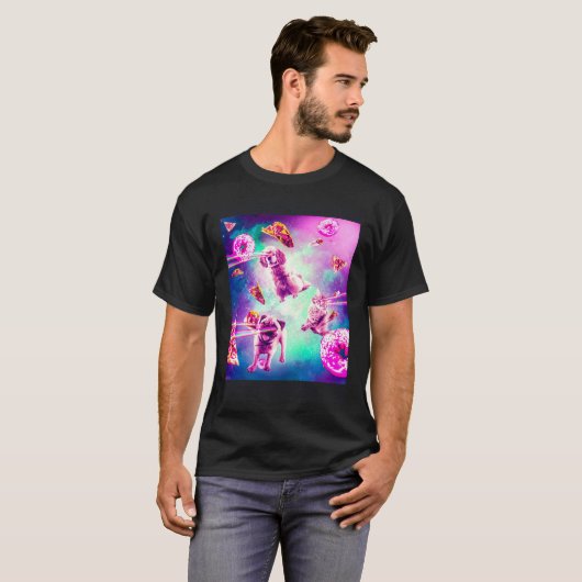 Laser Eyes Space Cat With Dog Pug  Rainbow Tシャツ (正面フル)