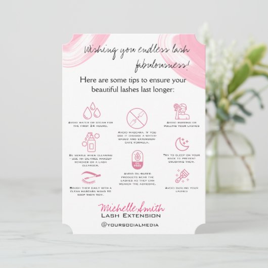 Lash拡張機能アフターケア指示アイコンピンク サンキューカード (スタンド正面)