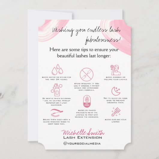Lash拡張機能アフターケア指示アイコンピンク サンキューカード (正面)