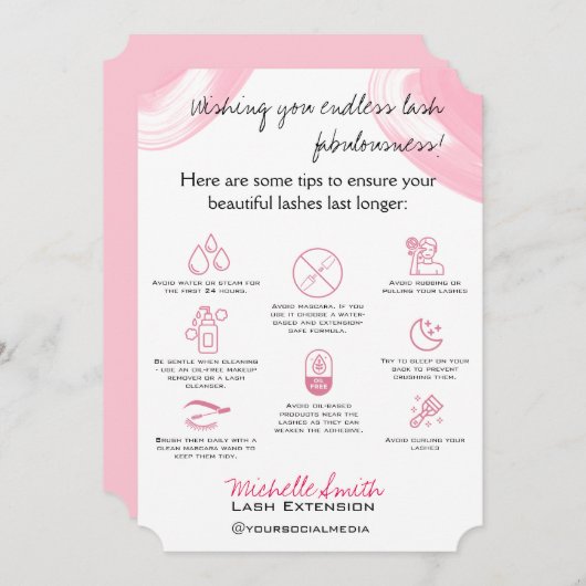 Lash拡張機能アフターケア指示アイコンピンク サンキューカード (正面/裏面)