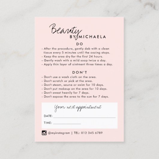 Lash/Browアフターケアの手順とアポイントメント 名刺 (裏面)