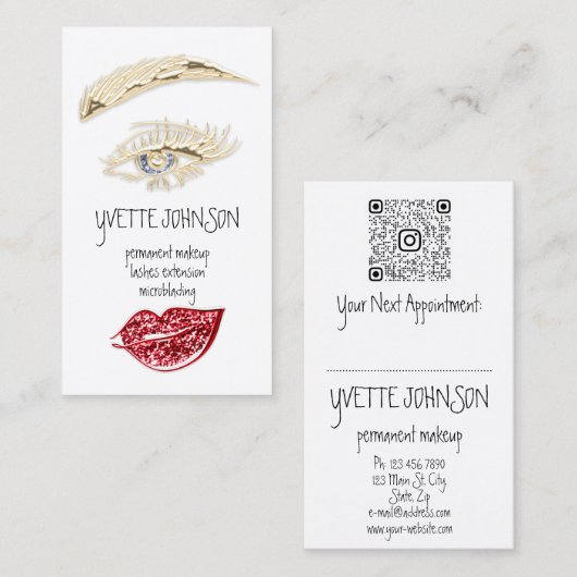 Lash BrowパーマネントメイクアップロゴQRコード赤い唇 名刺 (正面/裏面)