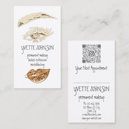 Lash BrowパーマネントメイクアップロゴQR金ゴールドキスリップ 名刺 (正面/裏面)