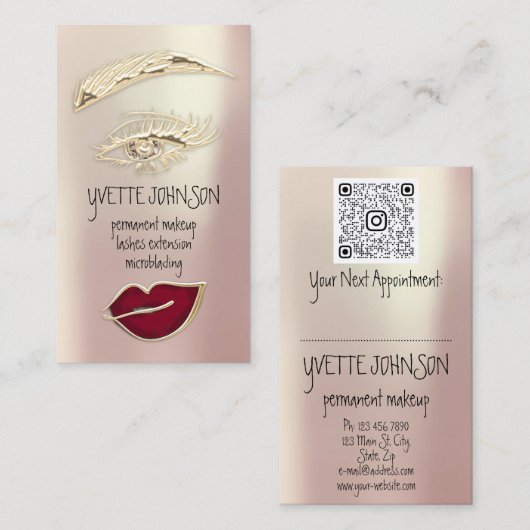 Lash BrowパーマネントメイクアップQRCode金ゴールド赤い唇 名刺 (正面/裏面)