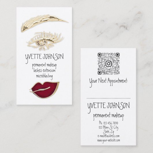 Lash BrowメイクアップアーティストQRCode金ゴールド赤い唇 名刺 (正面/裏面)