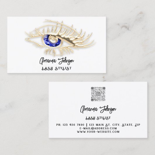 Lash BrowメイクアップロゴホワイトブルーアイQrコード金ゴールド 名刺 (正面/裏面)