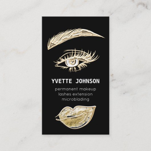 Lash Brows Permanent Make Up Logo QRCodeブラック金ゴールド 名刺 (正面)