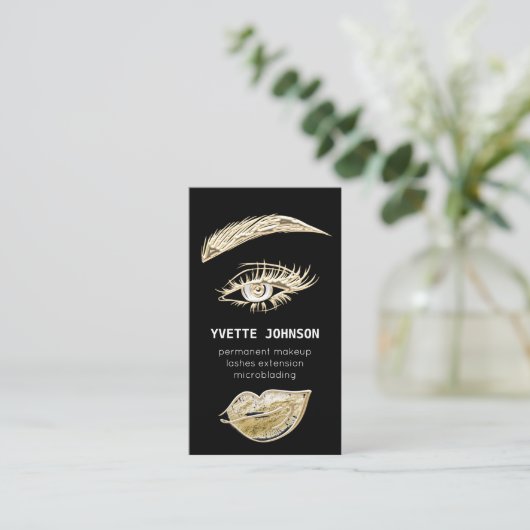 Lash Brows Permanent Make Up Logo QRCodeブラック金ゴールド 名刺 (スタンド正面)