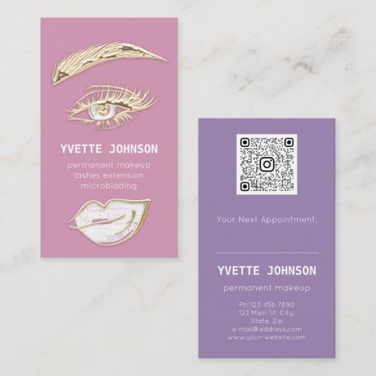 Lash Brows Permanent Make Up Logo QRCode Lip Pink 名刺 (正面/裏面)