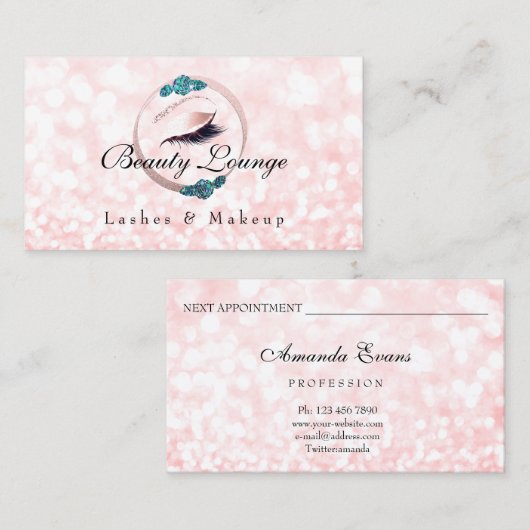 Lash Extensionメイクアップアーティストフローラグリッターブルー 予約カード (正面/裏面)