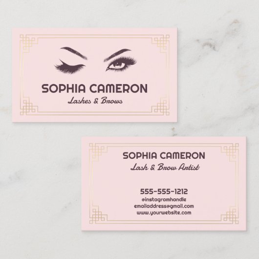 Lash Extension Browsアーティストピンクと金ゴールド 名刺 (正面/裏面)