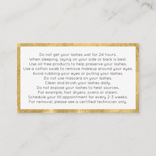 Lash Extensionsアフターケアカードフェイク金ゴールド 名刺 (裏面)