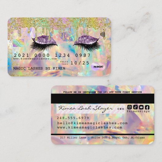 Lash ExtensionsグリッターDrip Holographic Credit 名刺 (正面/裏面)