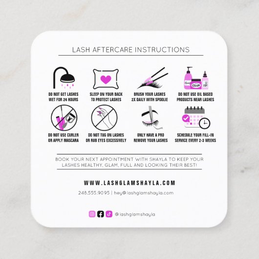 Lash Extensions AfterCareの説明Hot Pink Sq スクエア名刺 (裏面)