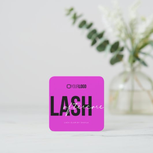 Lash Extensions AfterCareの説明Hot Pink Sq スクエア名刺 (スタンド正面)