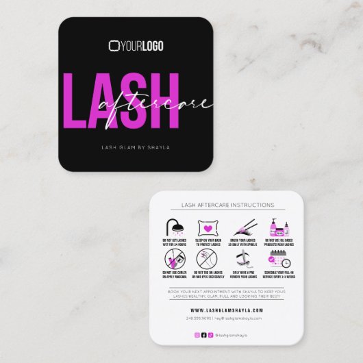 Lash Extensions AfterCareの説明Hot Pink Sq スクエア名刺 (正面/裏面)