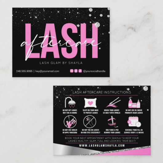 Lash Extensions AfterCare Glam Pink Diamonds 名刺 (正面/裏面)