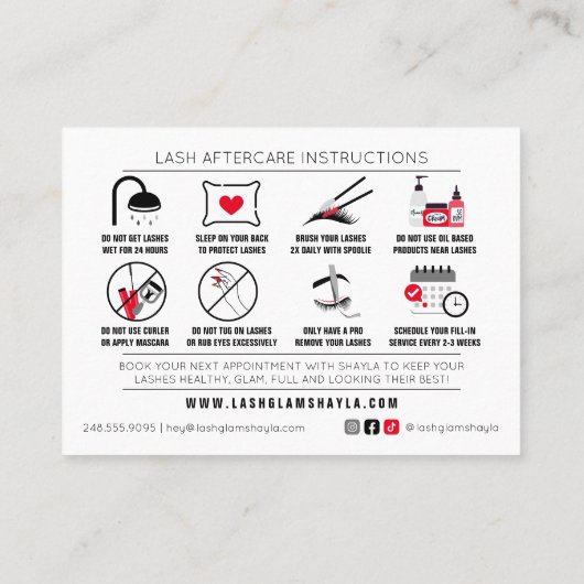 Lash Extensions AfterCare Instructionsアポイントメント 名刺 (裏面)