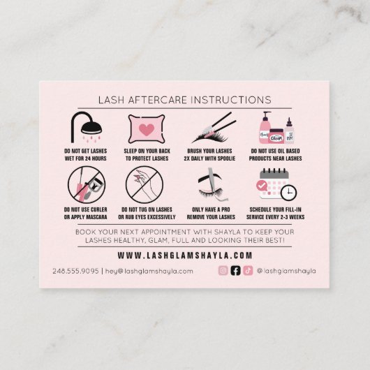 Lash Extensions AfterCare Instructionsアポイントメント 名刺 (裏面)