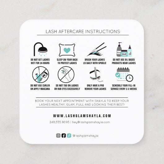 Lash Extensions AfterCare Instructions Square Busi スクエア名刺 (裏面)